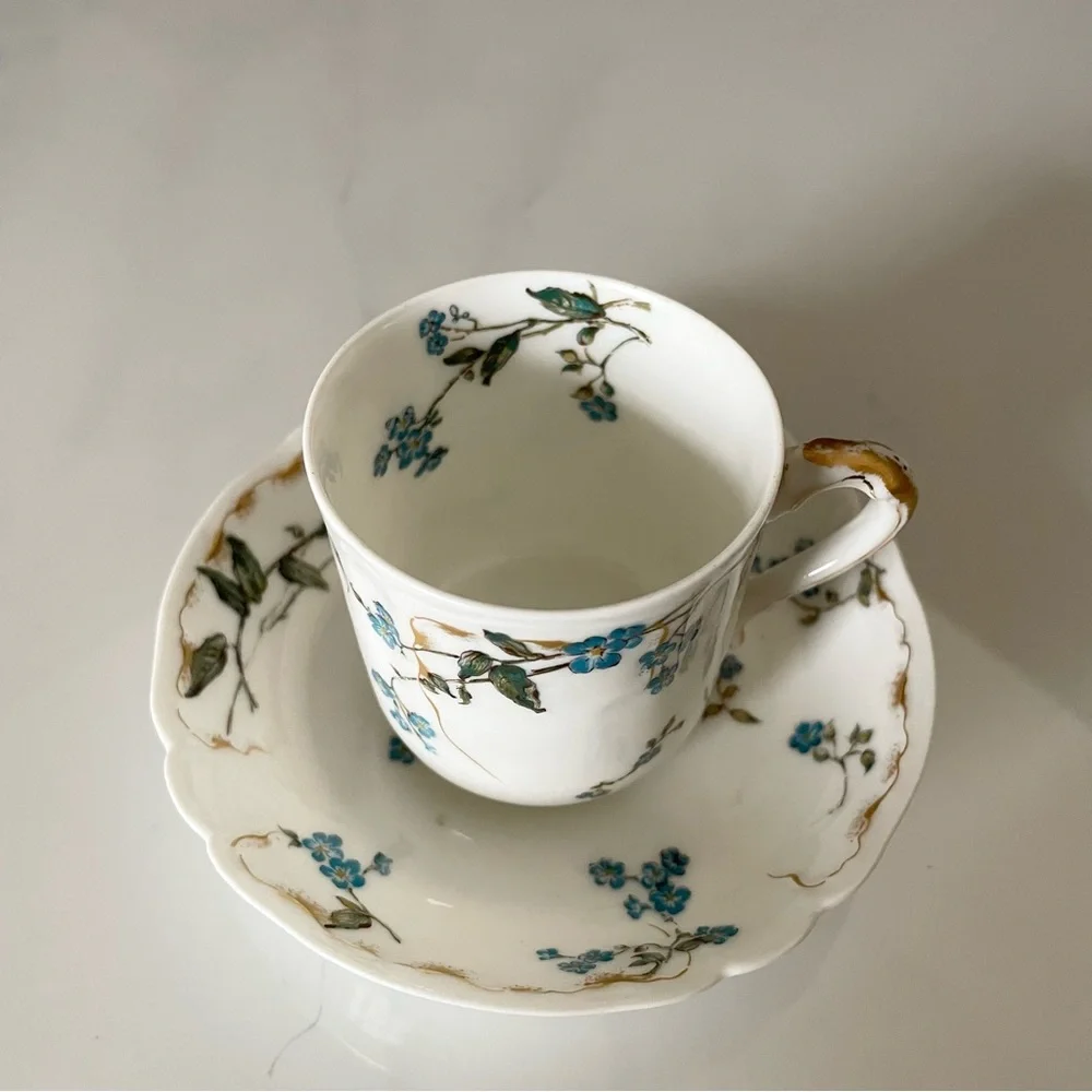 Espresso Demitasse Cup & Saucer - Blue Flowers with Gold - Haviland Limoges